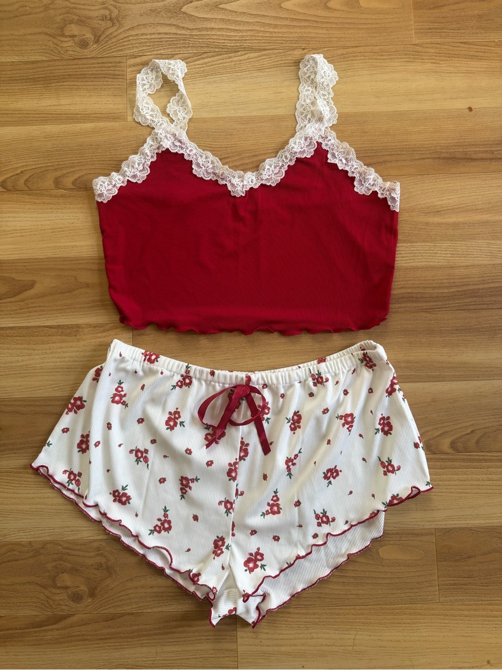 New Red Lace-Trim Cami & Floral Sleep Shorts Set - XL
